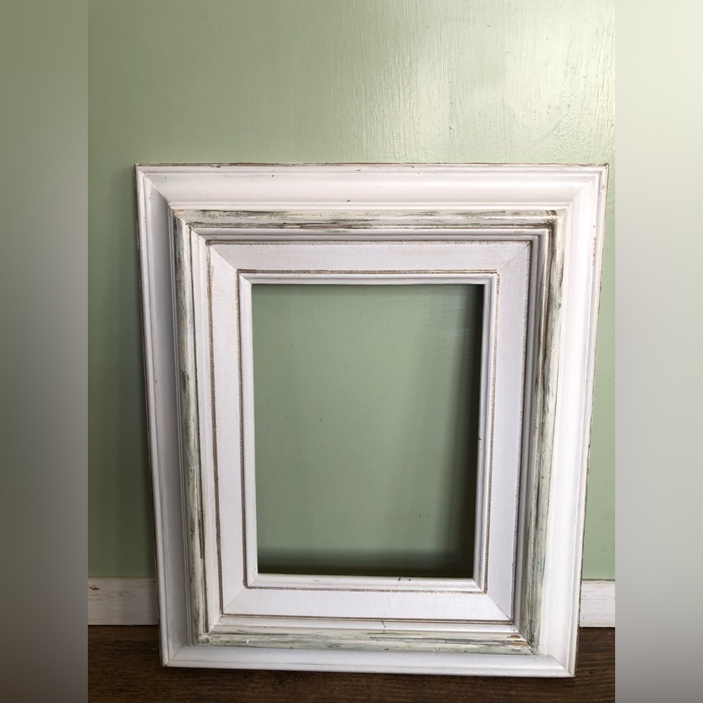 Vintage White Wood Picture Frame Linen Lining Holds A 8x6” Shabby Chic Cottage